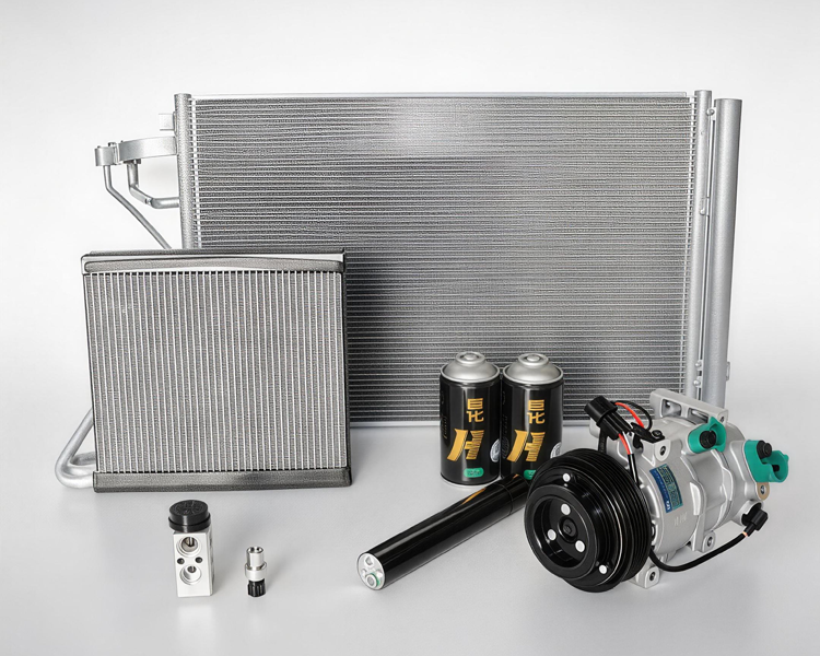 Automotive air conditioning parts including compressors condensers and evaporators